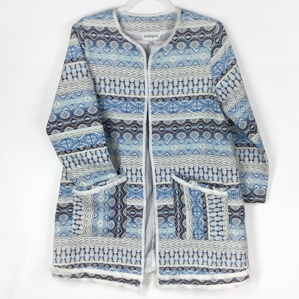 Peck & Peck Fringe Jacket size Large Jacquard Geometric Long Pocket Blue Shacket